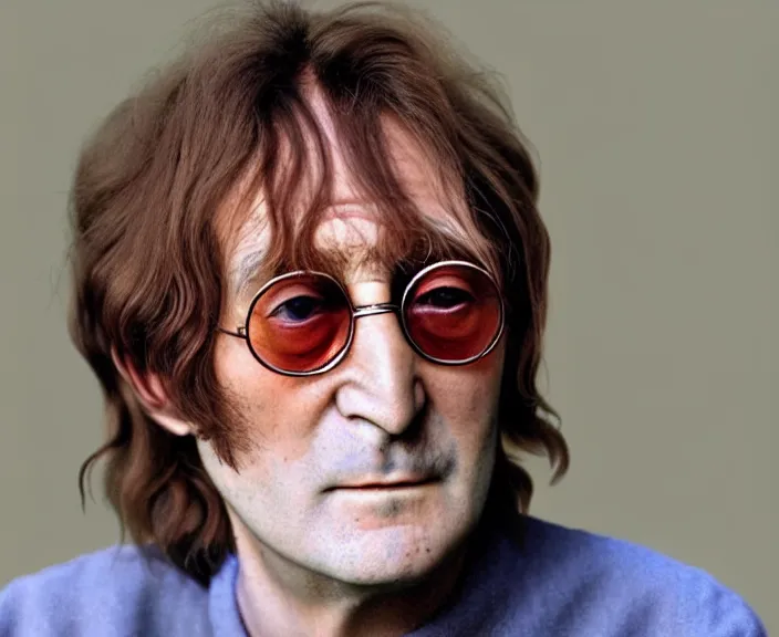 Image similar to A colored colorized real photograph of old John Lennon as an old man in his eighties with short hair in the 2010s, Old John Lennon, taken in the early 2020s, taken on a 2010s Camera, realistic, hyperrealistic, very realistic, very very realistic, highly detailed, very detailed, extremely detailed, detailed, digital art, trending on artstation, headshot and bodyshot, detailed face, very detailed face, very detailed face, real, real world, in real life, realism, HD Quality, 8k resolution, intricate details, colorized photograph, colorized photo, John Lennon as an old man with short hair, old, old man