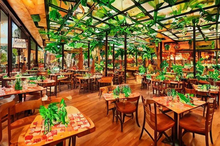 Image similar to 1 9 9 2 rainforest themed diner, tables repeat into the horizon, fruitcore, watermeloncore, one point perspective, americana, restaurant interior photography, 5 5 mm