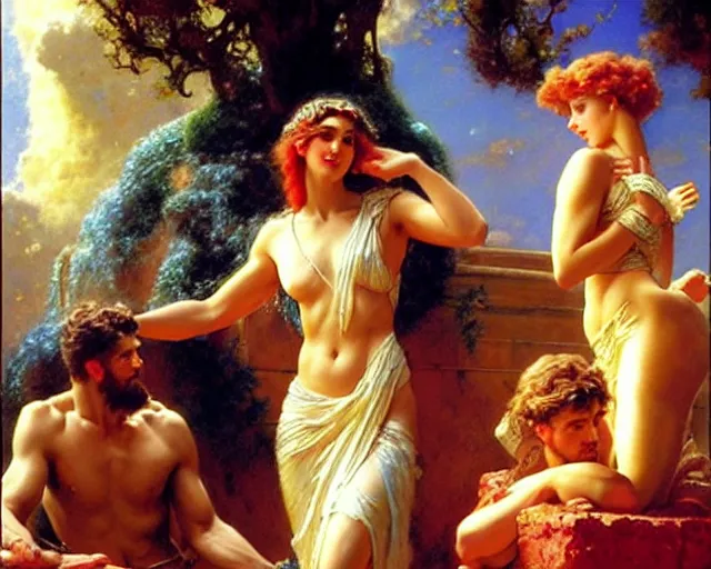 Image similar to distracted boyfriend meme of zeus ignoring hera to look at adonis, painting by gaston bussiere, craig mullins, j. c. leyendecker