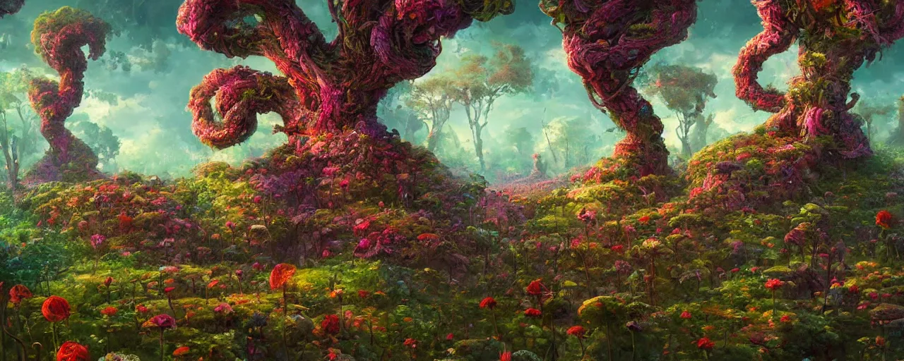 Prompt: ” whimsical world of flowers, trees, twisted roots and happiness, [ by paul lehr, cinematic, detailed, epic, widescreen, opening, establishing, mattepainting, photorealistic, realistic textures, octane render ] ”