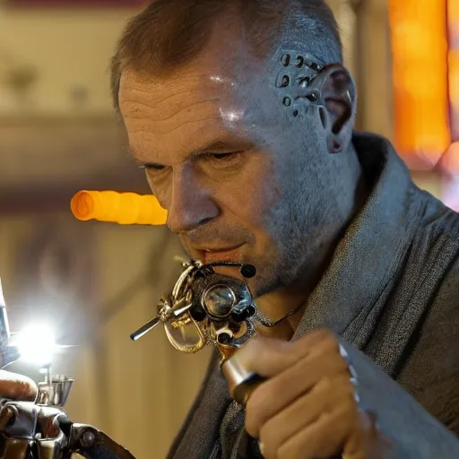 Image similar to balding older cyborg using jeweller's loupe with orange led light, inspecting complex gun made from rusted metal kitchen utensils, smoking soldering iron, dark messy cluttered workshop, highly detailed, sci - fi, futuristic, movie still from blade runner