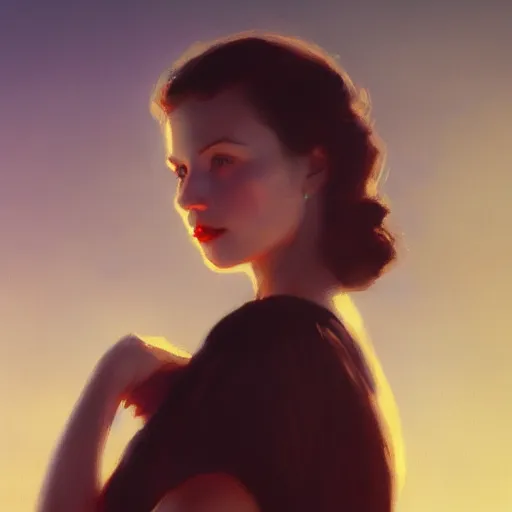 Image similar to a closeup portrait of a young vivian leigh, lake background, gorgeous view, sunset, film noir, serene, high detail, depth, masterpiece by greg rutkowski, digital art, trending on artstation