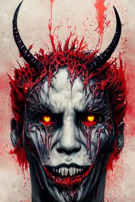 Prompt: nightmare portrait of the Devil Lucifer demon,full character, melting ,8k,by tristan eaton,Stanley Artgermm,Tom Bagshaw,Greg Rutkowski,Carne Griffiths, Ayami Kojima, Beksinski, Giger,trending on DeviantArt,face enhance,hyper detailed,minimalist,horror, android, full of colour