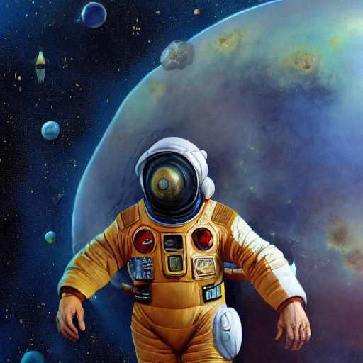 Prompt: photoreal full body of a hulking chinese man in scifi space suit on a rocky planet, nebula milky way background, by norman rockwell and boris vallejo, artstation, concept character art