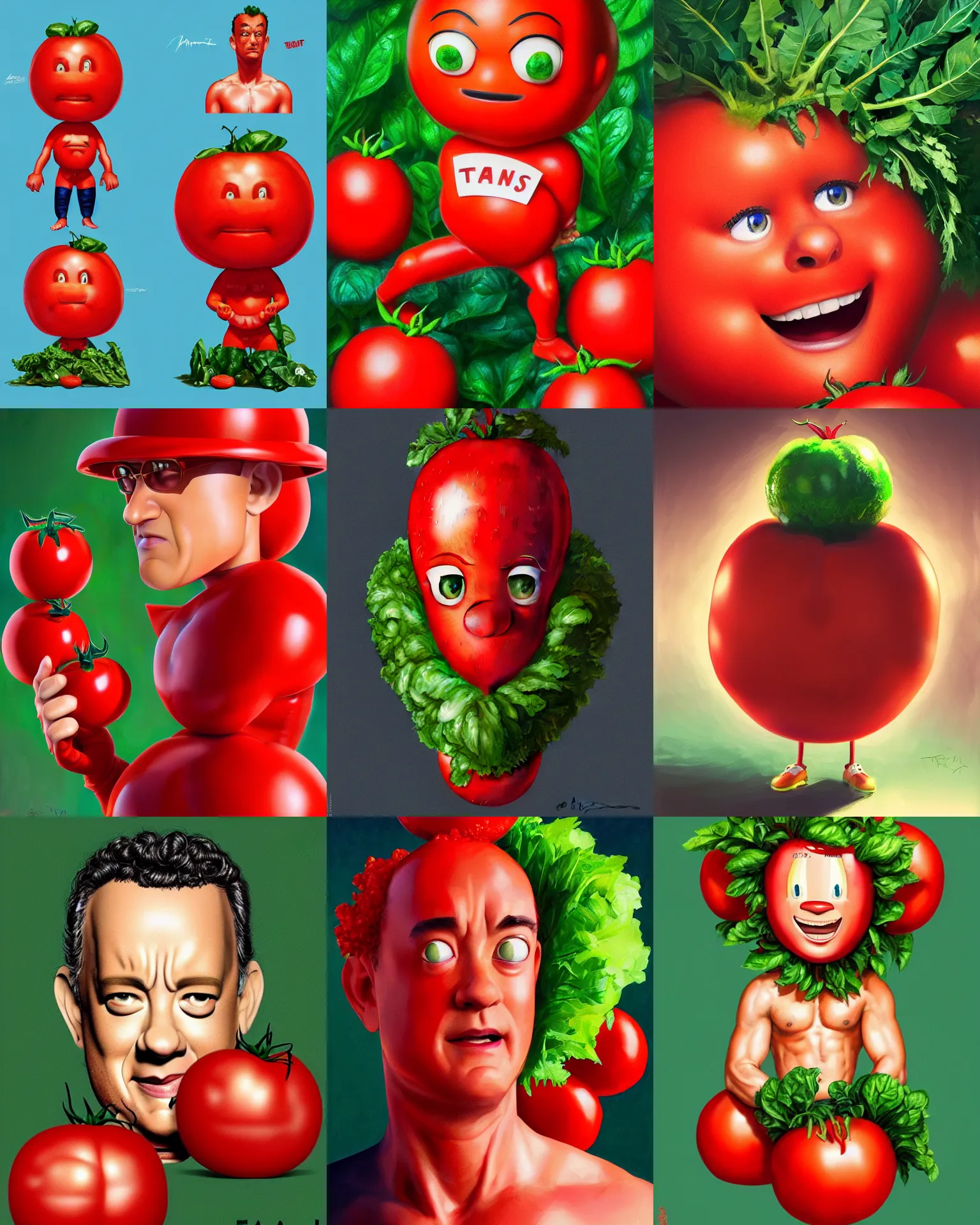 Prompt: tom hanks as tomato hanks mascot, his skin is red with leafy green hair, dramatic lighting, london fashion week, bedazzled fruit costumes, shaded lighting poster by magali villeneuve, artgerm, jeremy lipkin and michael garmash, rob rey and kentaro miura style, trending on art station