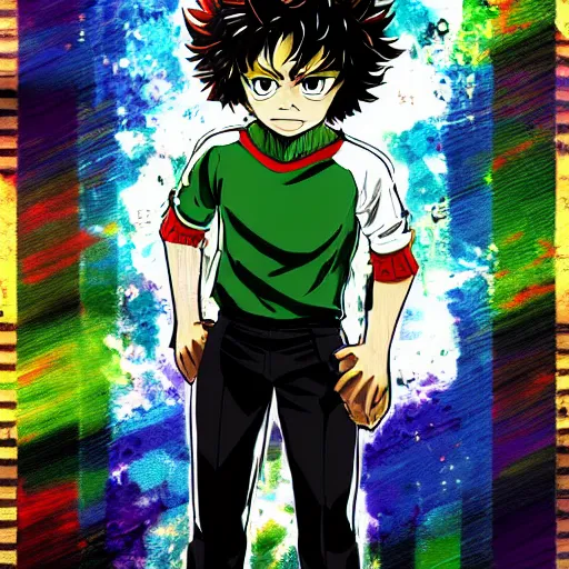 Image similar to full body elegant portrait of izuku midoriya, gta art, gta cover art, anime, abstract art