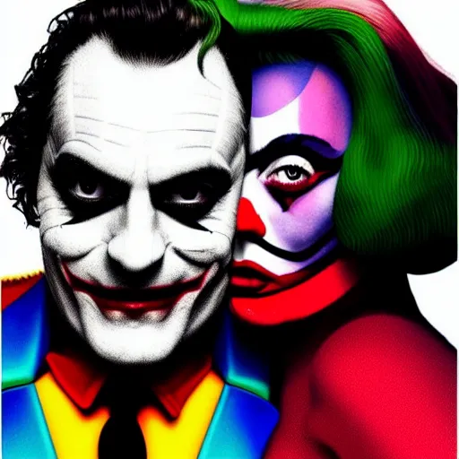 Image similar to richard hamilton and mimmo rottela as lady gaga harley queen and joaquin phoenix joker kissing, pop art, medium long shot, 2 color, justify content center, object details, dynamic composition, 4 k, ultra realistic art, smooth, sharp focus, illustration, concept art, intricate details, h 7 6 8