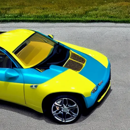 Prompt: yellow and teal sports car