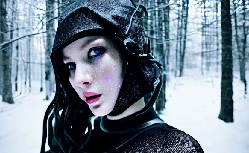 Prompt: cinestill 5 0 d candid photographic portrait by helen levitt of a feminine android wearing sexy classy black mesh techwear with rgb trim on a dystopian structure above a forest, extreme closeup, modern cyberpunk moody suspense emotional horror cinematic, lens flare snow storm, 8 k, hd, high resolution, 3 5 mm, f / 3 2, ultra realistic faces, ex machina