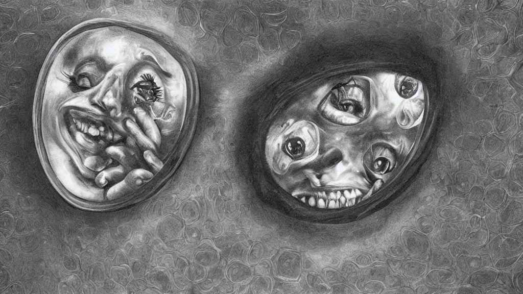 Image similar to a beautiful dreamy painting of a smiling coronavirus inside a growing high-resolution television screen, dark, sinister, detailed, art by M.C. Escher