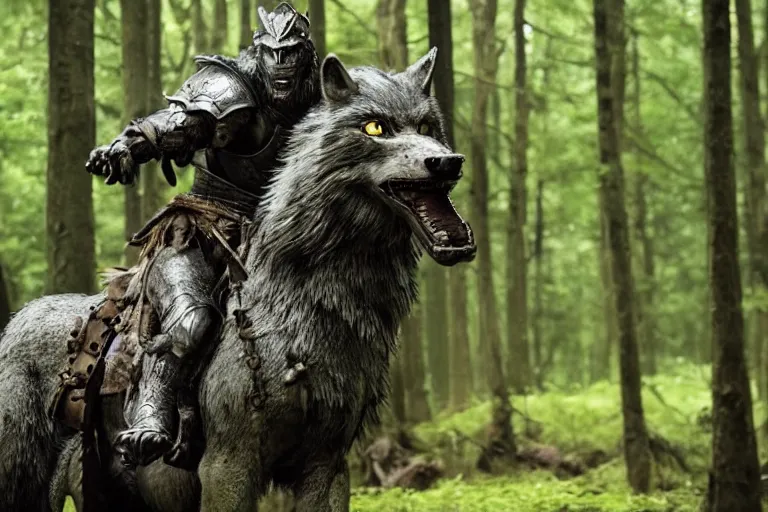 Image similar to vfx movie closeup detailed ancient armored warrior orc hunting riding large wolf in the forest, natural lighting by emmanuel lubezki