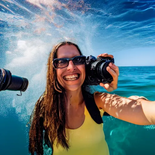 Image similar to national geographic photographer in the ocean taking a selfie smiling to the camera,