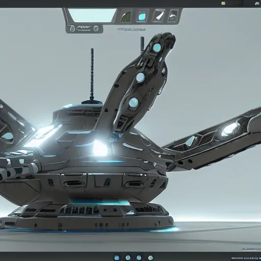 Image similar to hard surface, robotic platform, based on realistic spaceship, 6 claws, symmetric, unreal engine