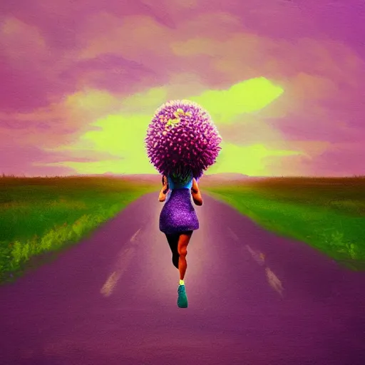 Image similar to portrait, giant purple dahlia flower head, woman running at orange beach, surreal photography, sunrise, blue sky, dramatic light, impressionist painting, digital painting, artstation, simon stalenhag