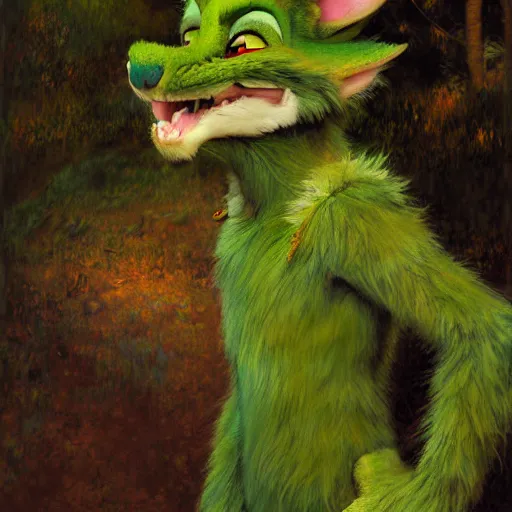 Image similar to a portrait of a male green furry dragon in hillbilly clothes at night in a dark forest. zootopia fursona furaffinity furry art detailed face painting by gaston bussiere craig mullins jc leyendecker gustav klimt artgerm greg rutkowski furry