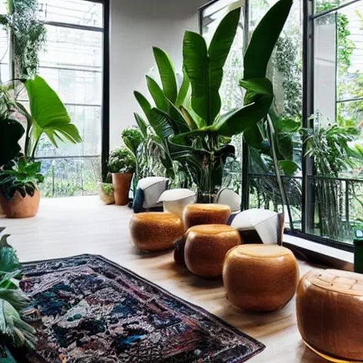 Prompt: a large loft with tropical plants and musical equipments, minimal style