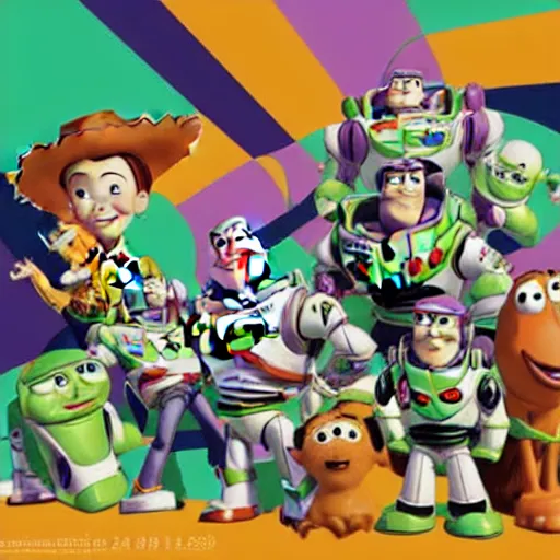 Prompt: a very high detailed painting of toy story in cyberspace