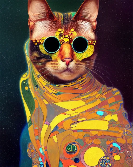 Prompt: futuristic cat portrait an oil painting splashes with many colors and shapes by gustav klimt greg rutkowski and alphonse mucha, polycount, generative art, psychedelic, fractalism, glitch art