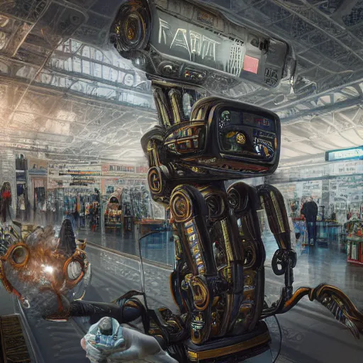 Image similar to robot forces human to clean up aisle at walmart digital art, 3 d high definition, trending on artstation, photorealistic, high resolution, 8 k, octane, hyper detailed, trending on deviantart insane details, intricate, elite, ornate, elegant trend, highly detailed and intricate, sharp focus, photography, unreal engine