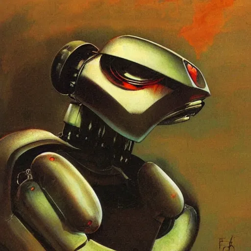 Image similar to portrait of a robot by frank frazetta in the style of frank frazetta