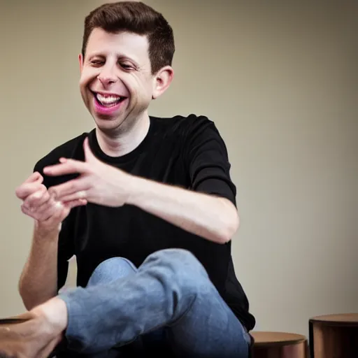 Image similar to Sam Altman laughing at a huge pile of money on a table, dslr photo