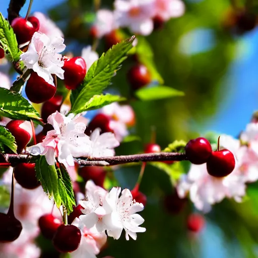 Prompt: cherries blossoms catching the sun