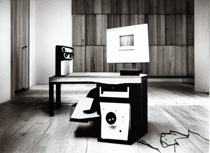 Image similar to realistic photo portrait of the a computer of wood, poorly designed in style of arte povera, fluxus, dadaism, joseph beuys, ugly made, levitating in the living room wooden walls 1 9 9 0, life magazine reportage photo