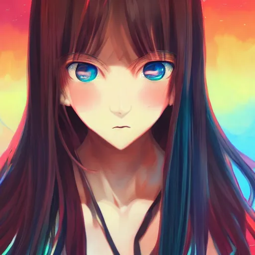 Image similar to a teenage anime girl very long black/red hair, one yellow and one blue eye, intense stare, dream hacking, cinematic lighting, medium shot, MCU, trending on artstation, CSP, Photoshop, WLOP, Rossdraws, James Jean, Andrei Riabovitchev, Marc Simonetti, Anastasia Ovchinnikova, Véronique Meignaud, BEN MAIER and Sakimichan