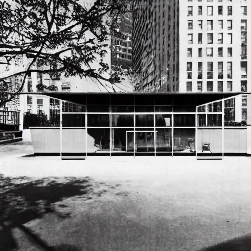 Prompt: An architecture ad for a house designed by Miles van der rohe in the middle of New York City. Film Grain