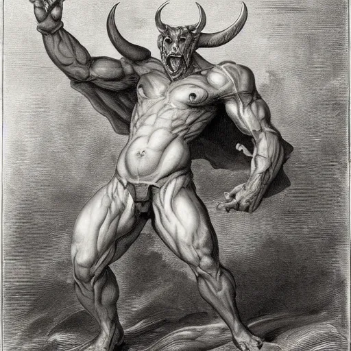 Image similar to full body, grayscale, James Daly, Gustave Dore, muscled humanoid balrog demon, horns, claws, large horned tail, heroic pose, swirling flames