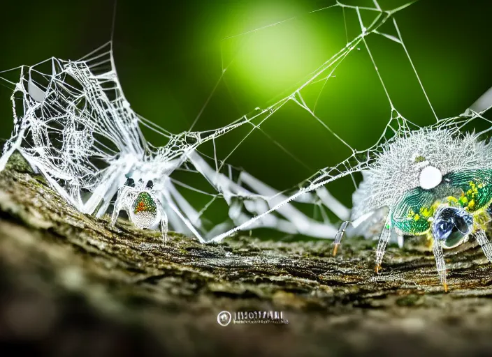 Image similar to super macro of a clear crystal spider with lcd monitor, in the forest. Fantasy magic style. Highly detailed 8k. Intricate. Nikon d850 300mm. Award winning photography.