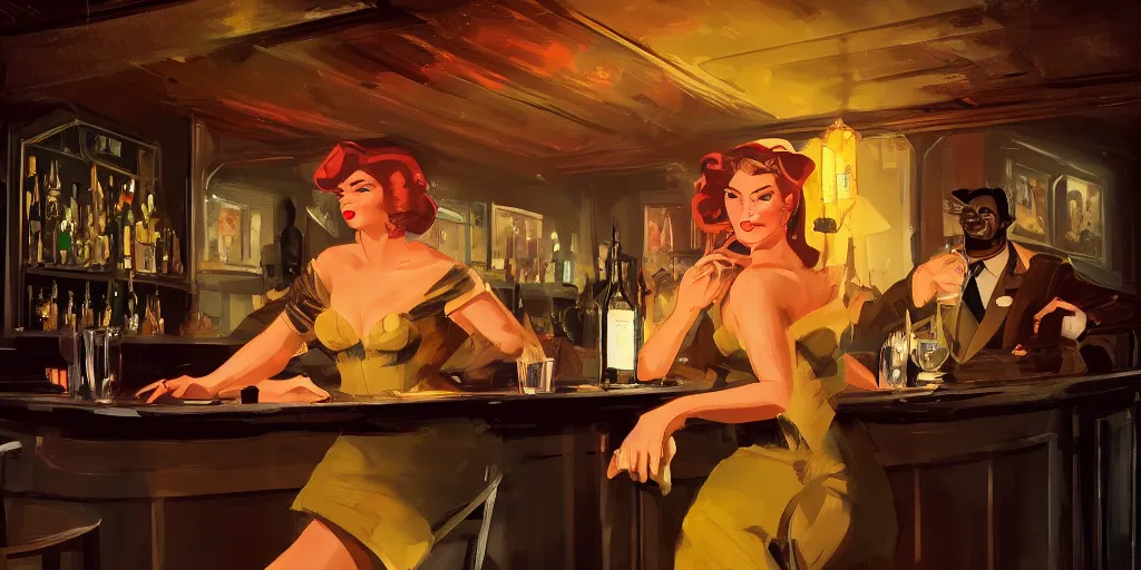 Prompt: a powerful woman is at the bar of a 4 0 s jazz club, warm color palette, night time, dramatic lighting, noir film, character sheet, fine details, high contrast, blacksad, kim jung gi, greg rutkowski, trending on artstation, 8 k, front view, back view, ultra wide angle