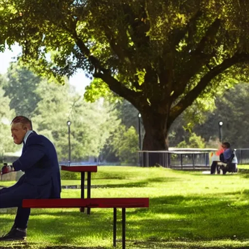 Image similar to A businessman is sitting on a bench eating lunch in a park. Behind him is a tall ladder looming over him, shadows, realistic, 4k