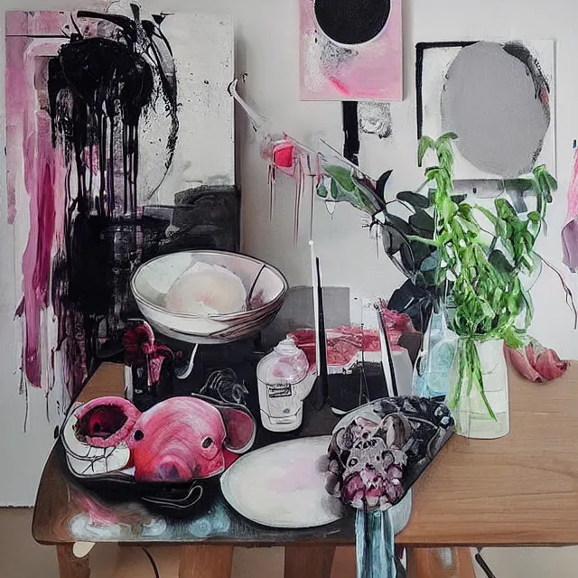 Prompt: “ a portrait in a female art student ’ s apartment, negative space, sensual, a pig theme, anaesthetic, art supplies, surgical iv drip, octopus, ikebana, herbs, white candles, squashed berries, berry juice drips, acrylic and spray paint and oilstick on canvas, surrealism, neoexpressionism ”