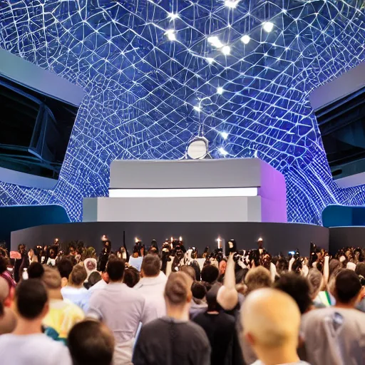 Prompt: people screaming at a giant floating network switch in center of a futuristic church