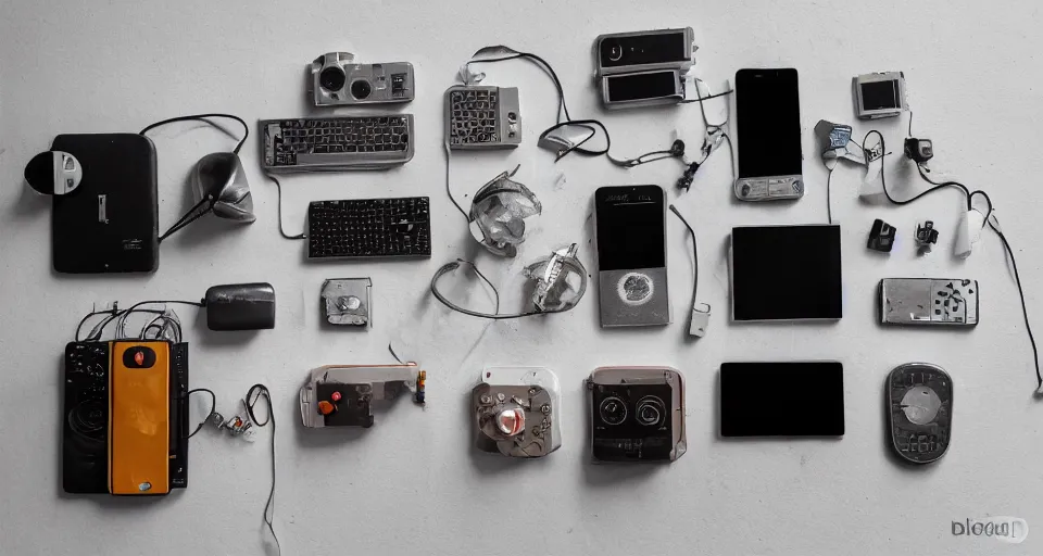 Image similar to a knolling of retro gadgets, overhead shot, flatlay