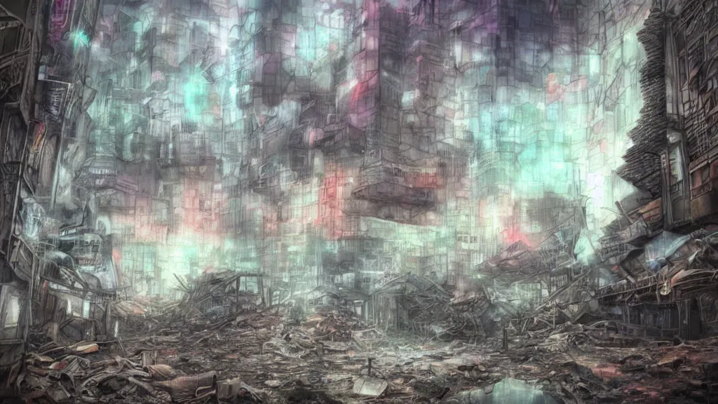 Image similar to an apocalyptic ruins in a destroyed tokyo in the year 2 3 0 0, pastel, colorful, foggy, digital art