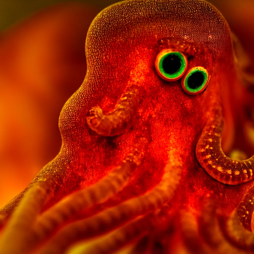 Image similar to fiery whimsical emotional eyes cephalopod, in a photorealistic macro photograph with shallow dof