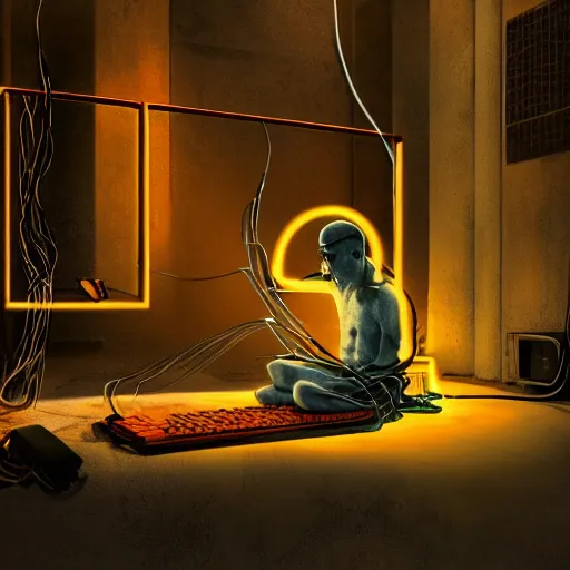 Prompt: A single monk kneeling with wires connecting him to a computer, Nirvana, Machines and wires everywhere, flashing neon lights, creepy, dark shadowy surroundings, dystopian scifi, horror, Stefan Koidl inspired, 4k