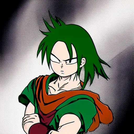 Image similar to fencer, green hair, male, style of akira toriyama, anime, japanese,