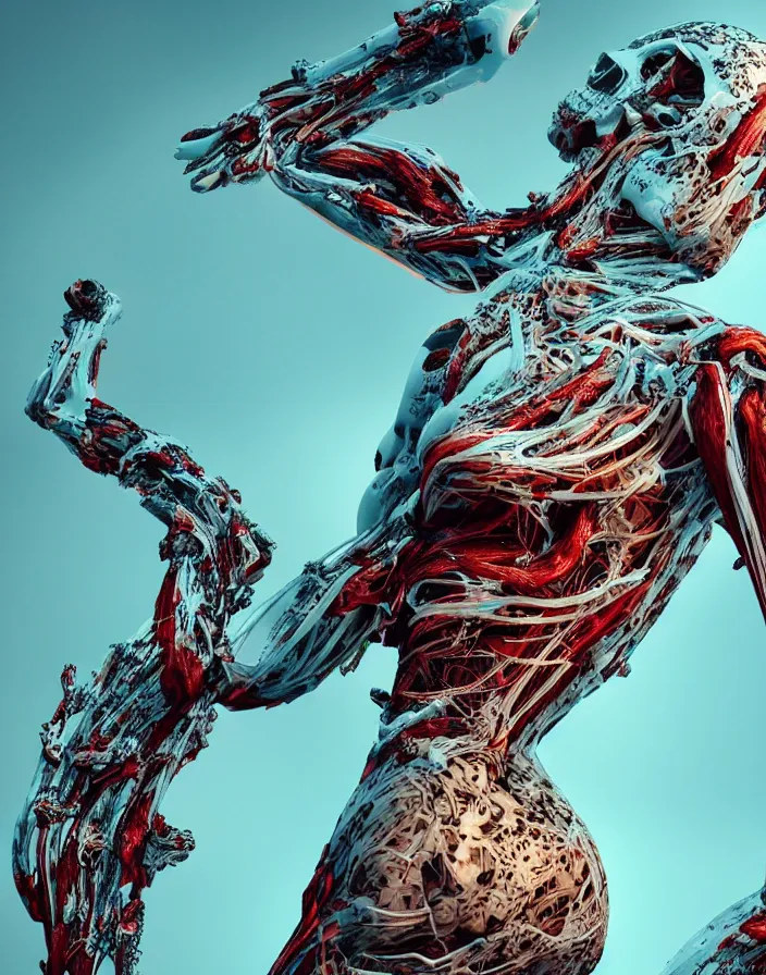 Prompt: positing on rock goddess!!!with many biomechanical details, full lenght view. white plastic, skull, muscles, tumors, veins, biomech. Vogue magazine. halo. octane rendering, cinematic, hyperrealism, octane rendering, 8k, depth of field, bokeh. iridescent accents. vibrant. teal gold and red color scheme