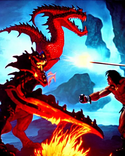 Prompt: closeup Photo of Conan the Barbarian punching a fire dragon in a lava dungeon, rim lighting, unreal, octane, Frank frazetta, vibrant color, dramatic lighting, Edgar Rice Burroughs, ray tracing
