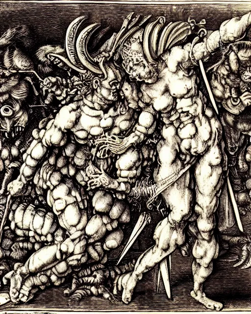 Image similar to devil fights angel, high detail, extremely detailed, very sharp, in the style of albrecht durer,