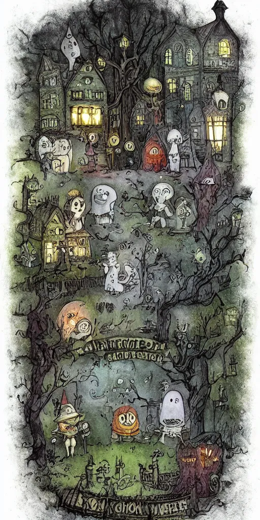 Prompt: a ghost scene by alexander jansson, joel fletcher, owen klatte, angie glocka, justin kohn, maurice sendak. halloween palette.