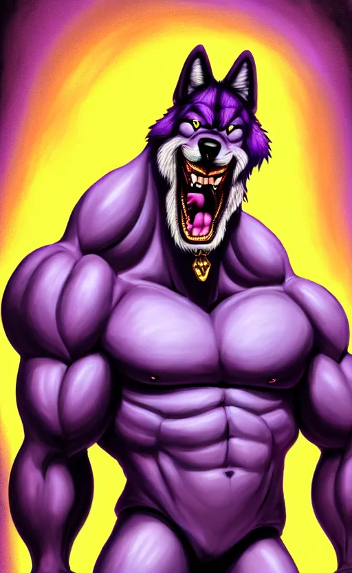 Prompt: painting of an anthropomorphic bulky muscular purple wolf, furry style, wearing jeans, deviant art, fursona, professional furry drawing, insanely detailed, bulky wolf - like face with dragon features, doing a pose from jojo's bizarre adventure, detailed veiny muscles, exaggerated features, beautiful shading, huge white teeth, grinning, colorful background