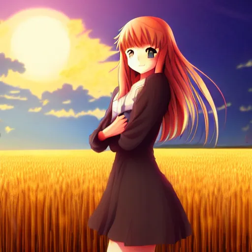 Prompt: anime illustration of Holo from Spice and Wolf standing in a wheat field at sunset, Holo is a wolf girl, high detail, trending on pixiv