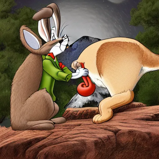Prompt: bugs bunny being stalked and eaten by a mountain lion, digital art, 4k