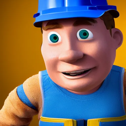 Prompt: bob the builder as a real life human person shot from cinematic, hyper detailed, ultra realistic 4k trending on artstation