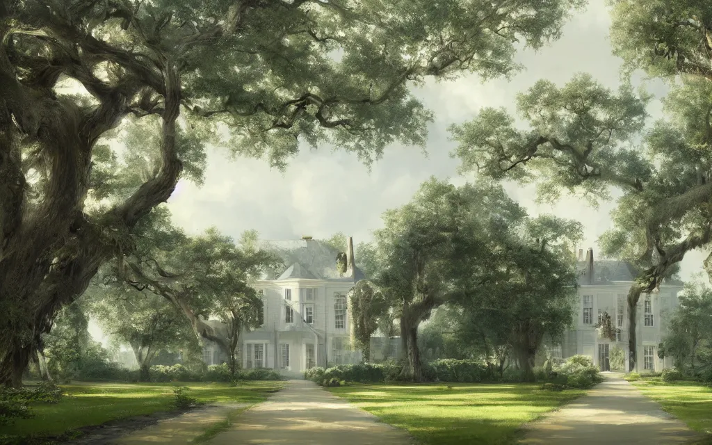 Image similar to a southern plantation, ornate large white manor house, long tree-lined driveway, romanticism, hyperdetailed, artstation, cgsociety, 8k, masterpiece