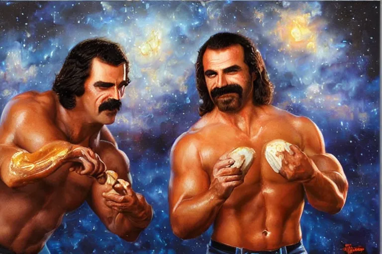 Prompt: portrait of wwf rick rude and wwf jake roberts sharing hotdogs, an oil painting by ross tran and thomas kincade